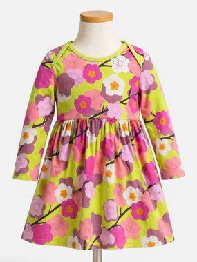 Tea Collection Floral Long Sleeve Dress 3T Lime Green Pink Blossom Twirl Dress